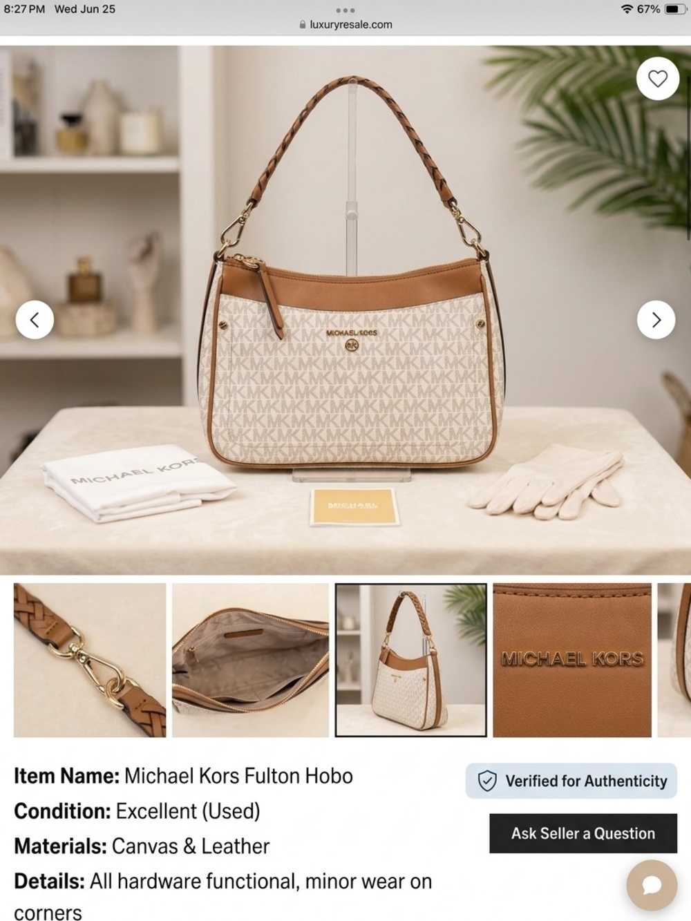 Michael Kors Cream and Tan Logo-Print Fulton Hobo